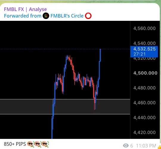 Telegram post: 850+ pips gold signal result